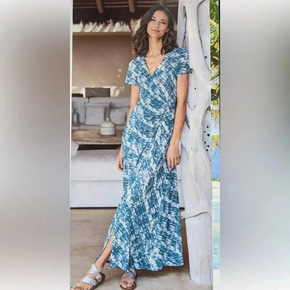New Soft Surroundings Joanna Faux Wrap Jersey Maxi Dress Teal Cream Abstract - Picture 1 of 15